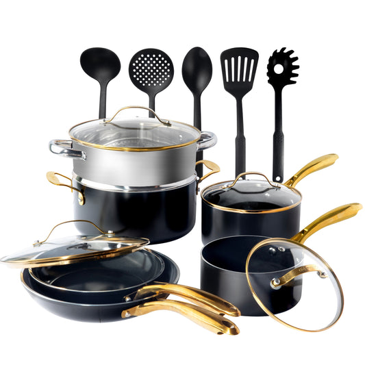 Ensemble de 15 pièces de casseroles et poêles ultra antiadhésives en céramique Gotham Steel noires, avec ustensiles.