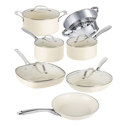 Gotham Steel Cream Ensemble de 12 casseroles et poêles ultra antiadhésives en céramique avec poignées Stay Cool