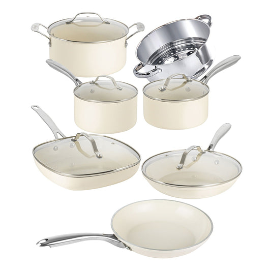 Gotham Steel Cream Ensemble de 12 casseroles et poêles ultra antiadhésives en céramique avec poignées Stay Cool