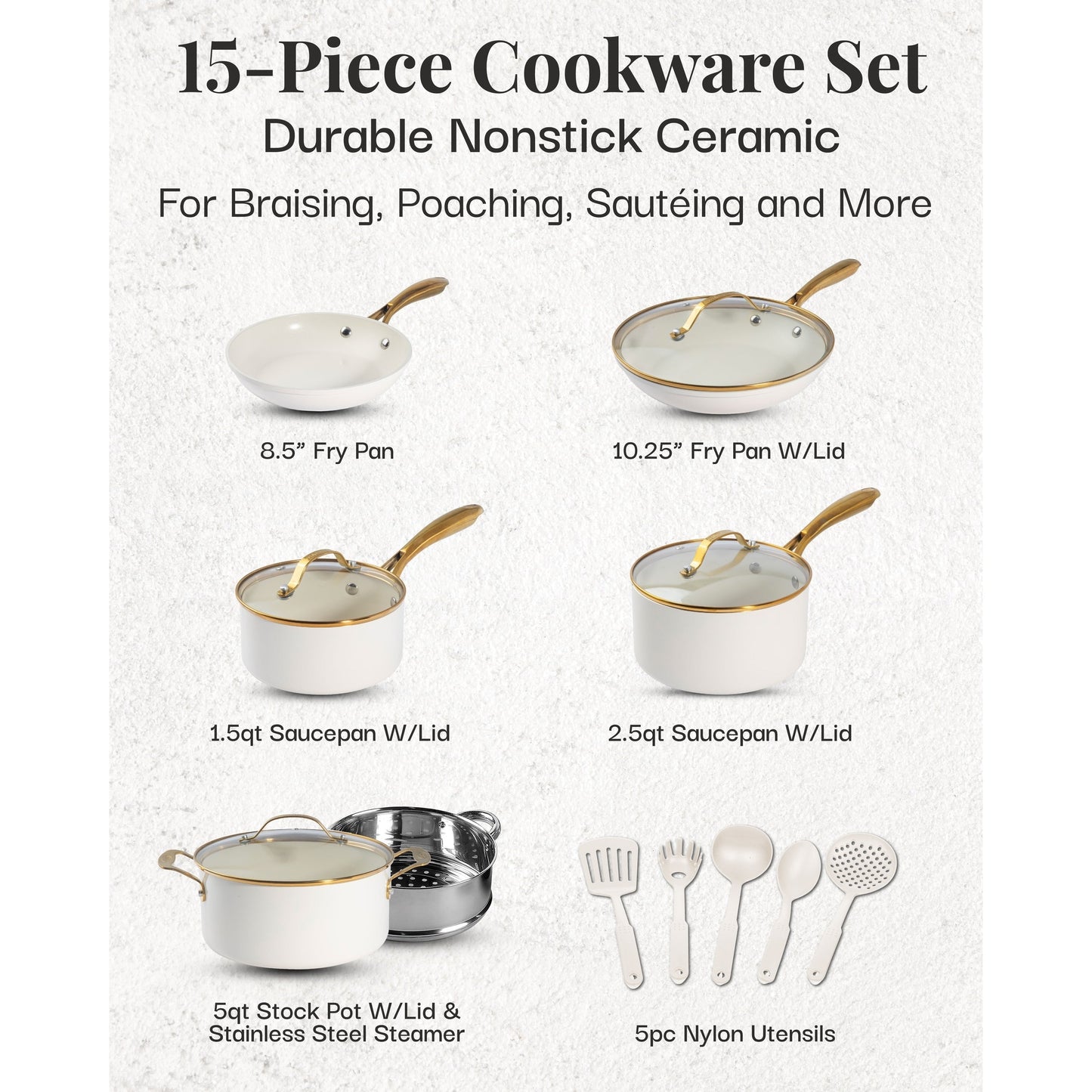 Gotham Steel Ensemble de 15 pièces de casseroles et poêles en céramique ultra antiadhésive couleur crème avec ustensiles