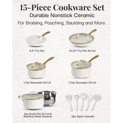 Gotham Steel Ensemble de 15 pièces de casseroles et poêles en céramique ultra antiadhésive couleur crème avec ustensiles