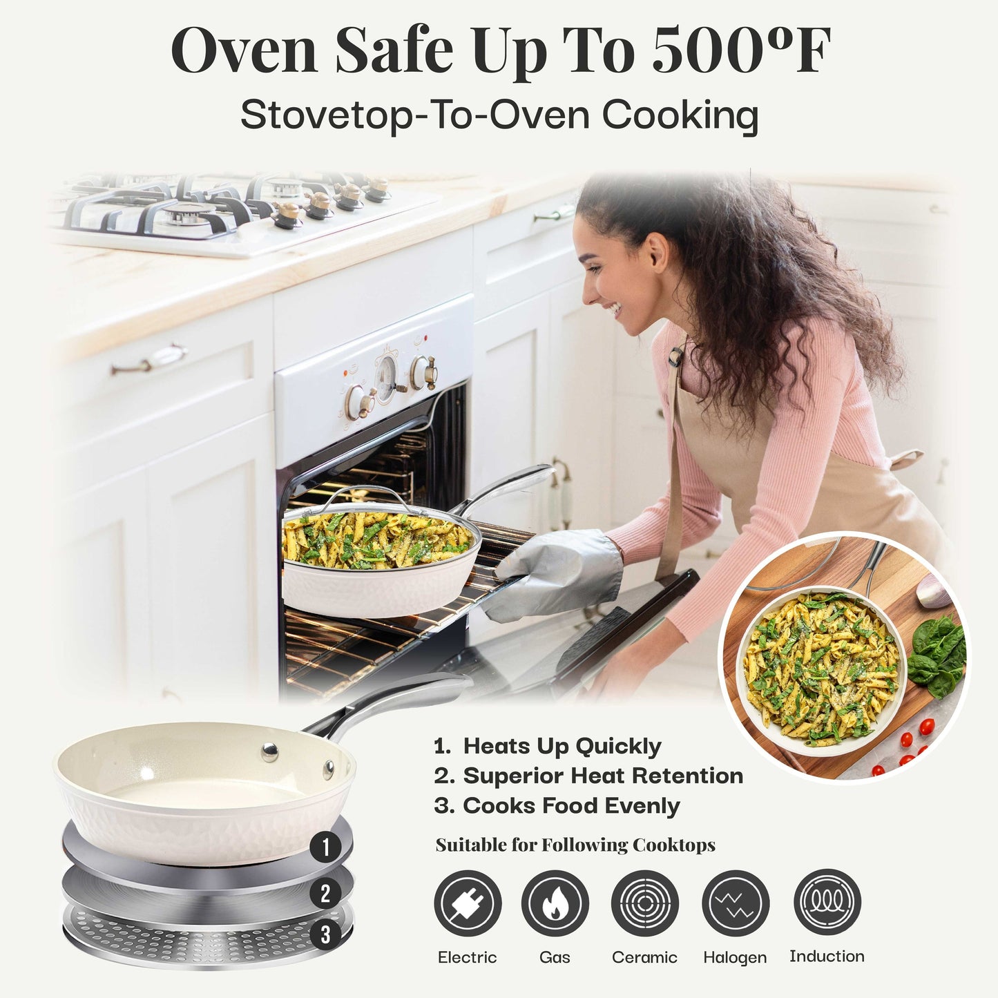Gotham Steel Hammered Cream Ensemble de 15 pièces de casseroles et poêles ultra-résistantes en céramique antiadhésive, couleur crème, avec ustensiles.