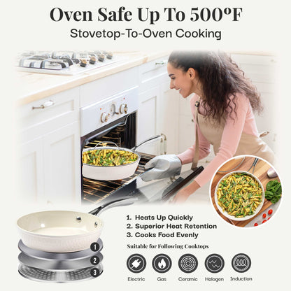 Gotham Steel Hammered Cream Ensemble de 15 pièces de casseroles et poêles ultra-résistantes en céramique antiadhésive, couleur crème, avec ustensiles.
