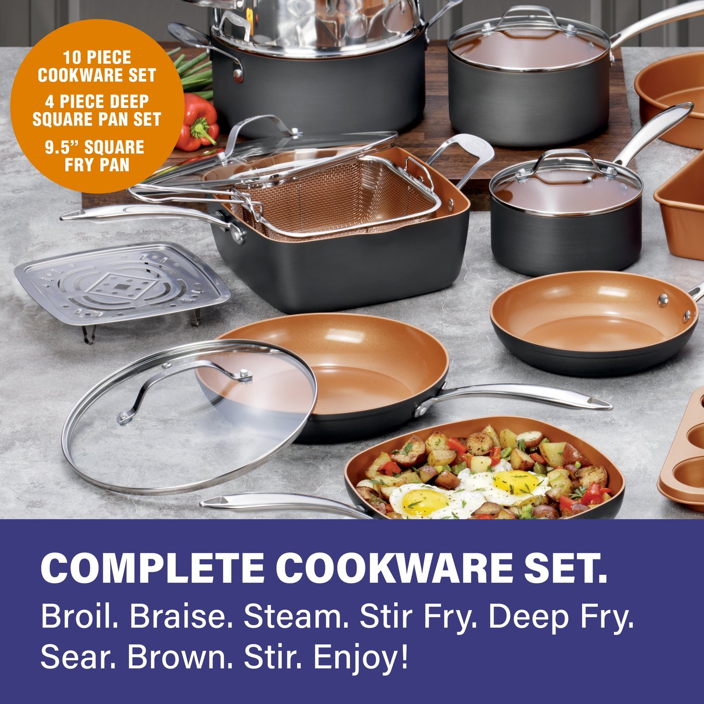 Ensemble de 20 pièces de batterie de cuisine et de matériel de pâtisserie Gotham Steel Pro en acier anodisé dur.