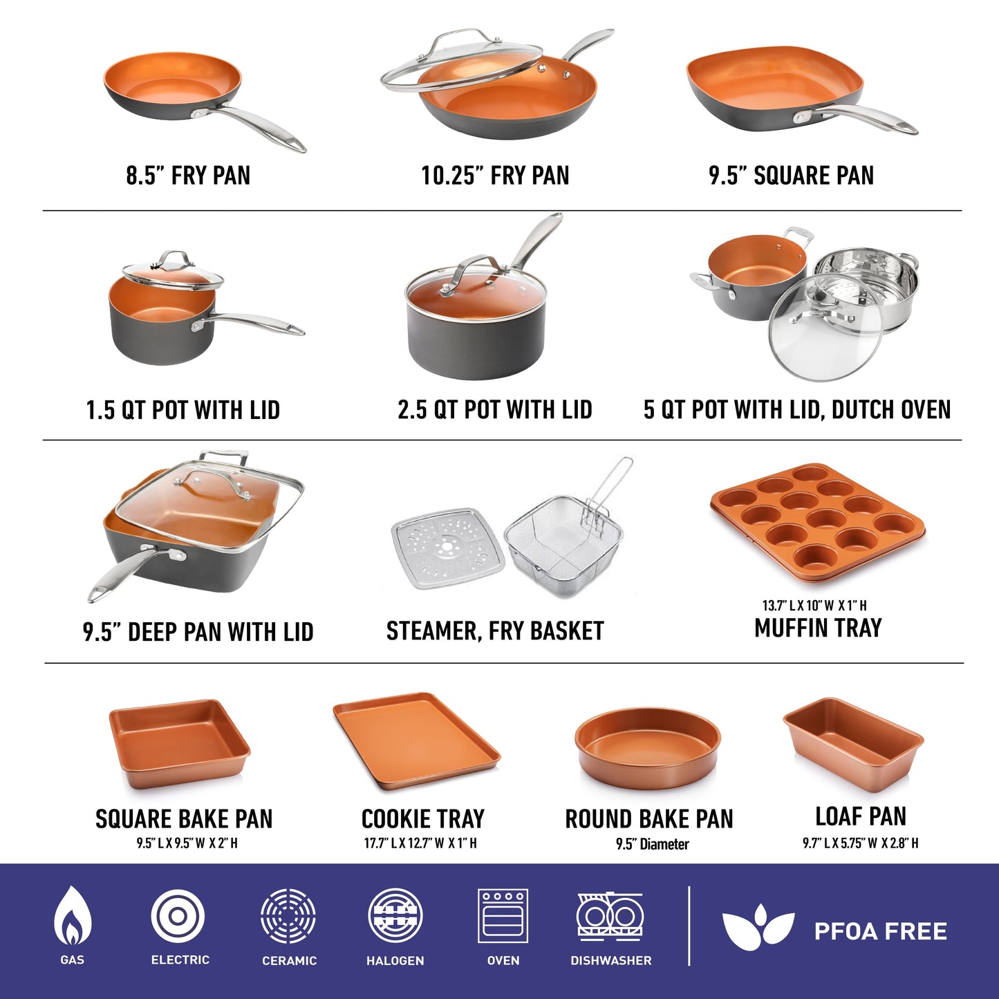 Ensemble de 20 pièces de batterie de cuisine et de matériel de pâtisserie Gotham Steel Pro en acier anodisé dur.