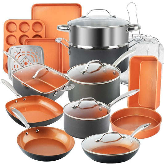 Ensemble de 20 pièces de batterie de cuisine et de matériel de pâtisserie Gotham Steel Pro en acier anodisé dur.