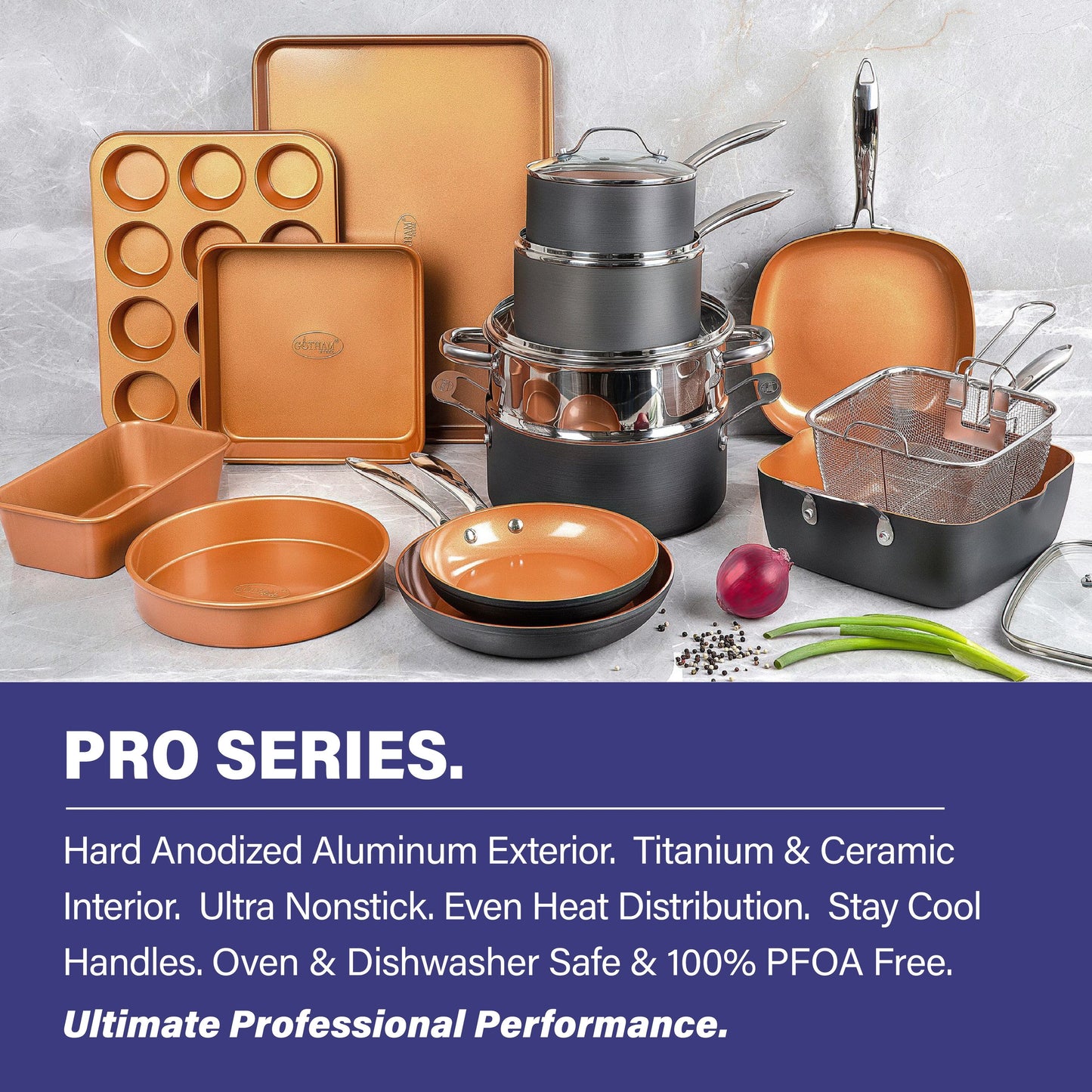 Ensemble de 20 pièces de batterie de cuisine et de matériel de pâtisserie Gotham Steel Pro en acier anodisé dur.