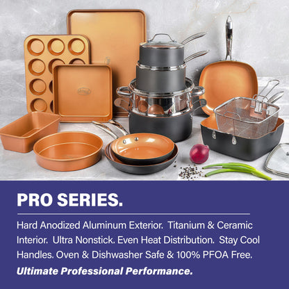 Ensemble de 20 pièces de batterie de cuisine et de matériel de pâtisserie Gotham Steel Pro en acier anodisé dur.