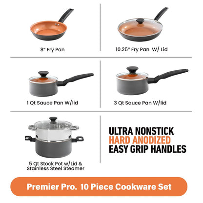 Ensemble de cuisine Gotham Steel Pro Premier en acier anodisé dur, 10 pièces, antiadhésif.