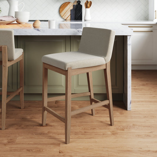 Tabouret de bar moderne Gracie, chaise rembourrée en bouclette et pieds en bois brossé