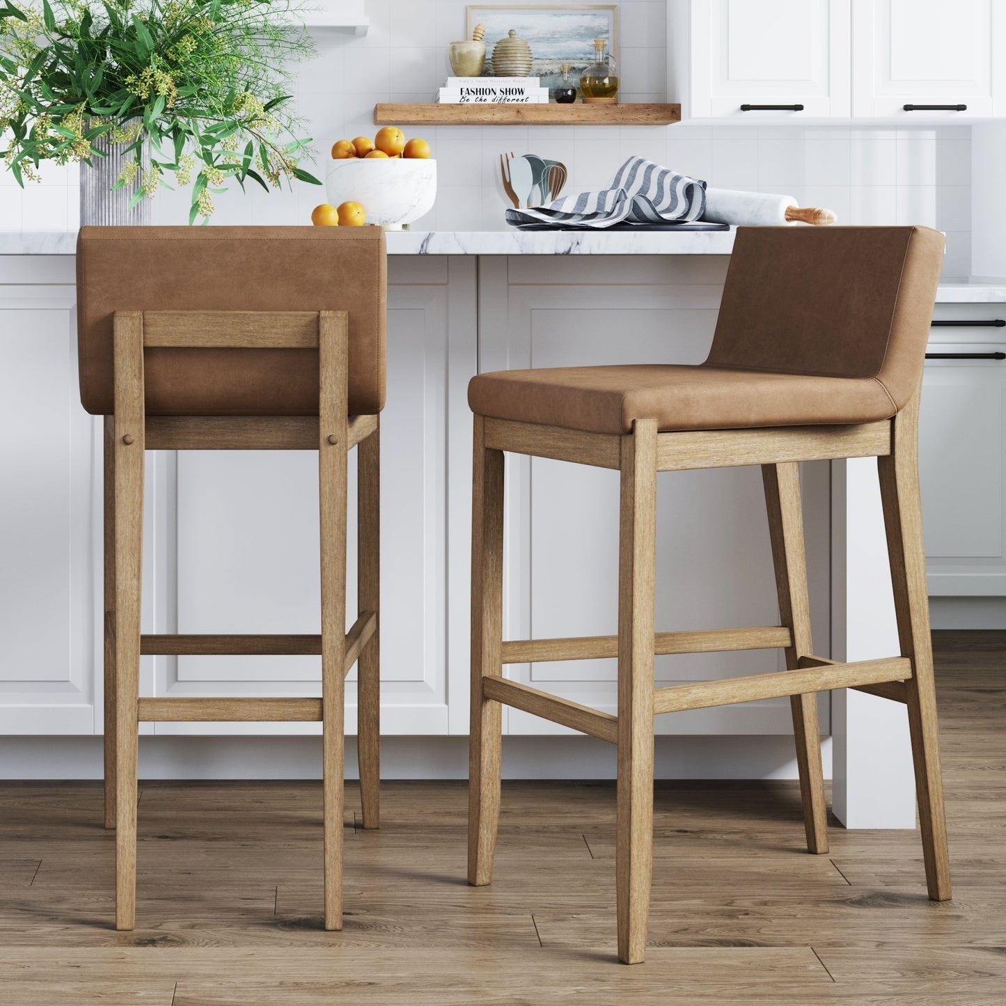 Tabouret de bar moderne Gracie, chaise rembourrée en bouclette et pieds en bois brossé