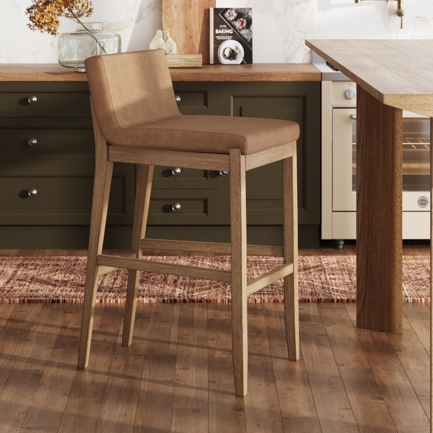 Tabouret de bar moderne Gracie, chaise rembourrée en bouclette et pieds en bois brossé