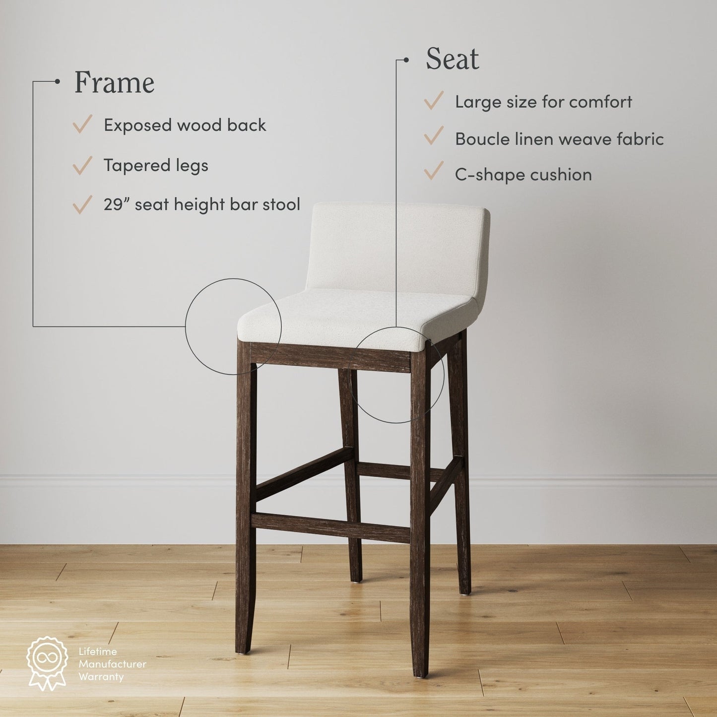 Tabouret de bar moderne Gracie, chaise rembourrée en bouclette et pieds en bois brossé