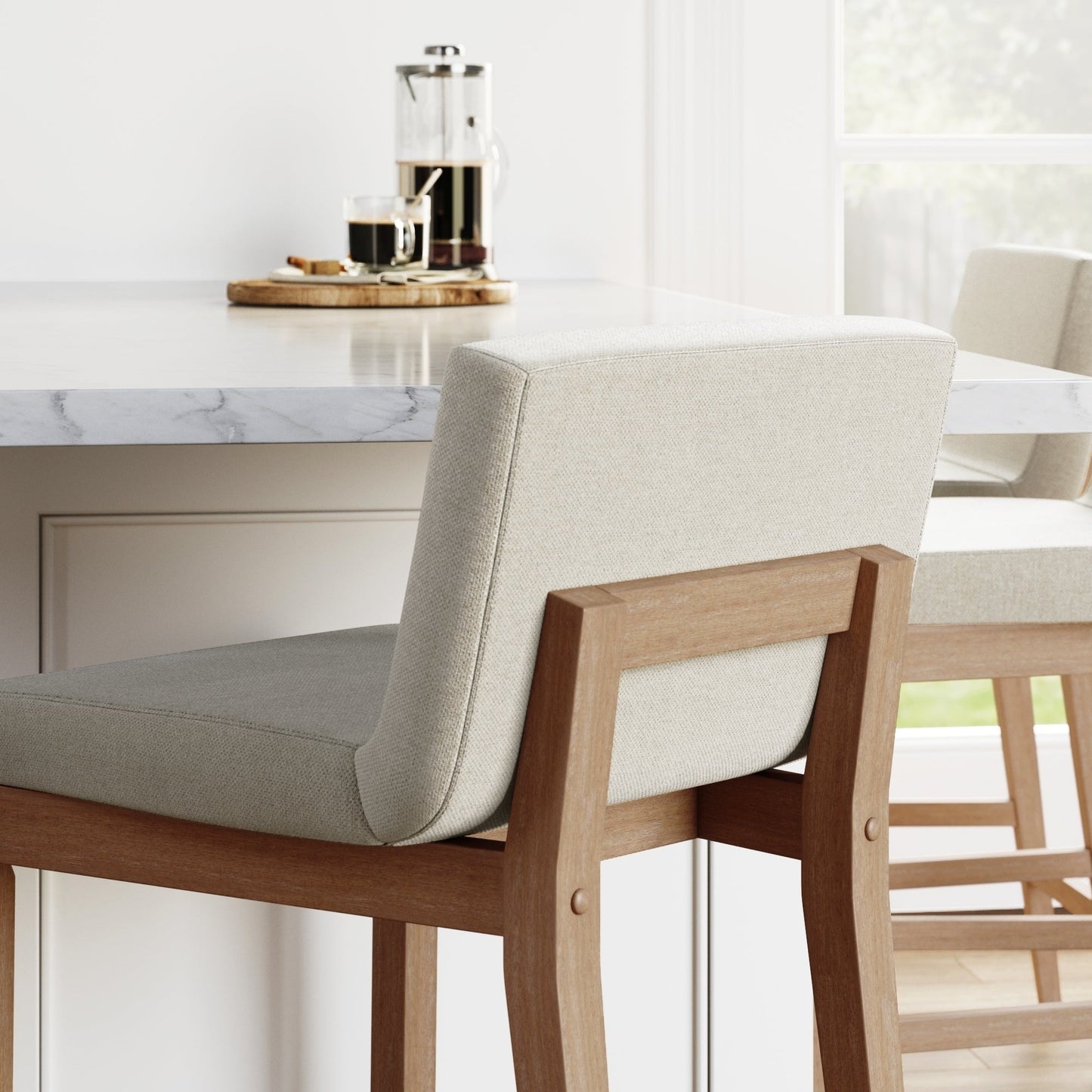 Tabouret de bar moderne Gracie, chaise rembourrée en bouclette et pieds en bois brossé