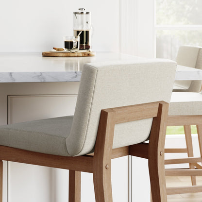Tabouret de bar moderne Gracie, chaise rembourrée en bouclette et pieds en bois brossé