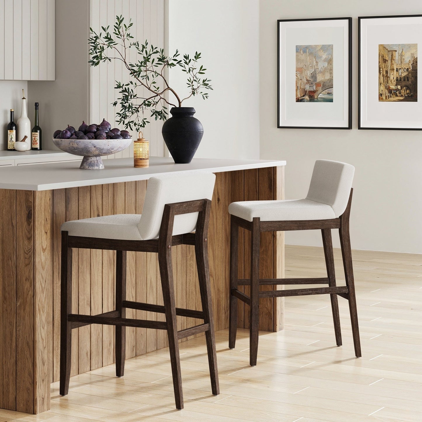 Tabouret de bar moderne Gracie, chaise rembourrée en bouclette et pieds en bois brossé