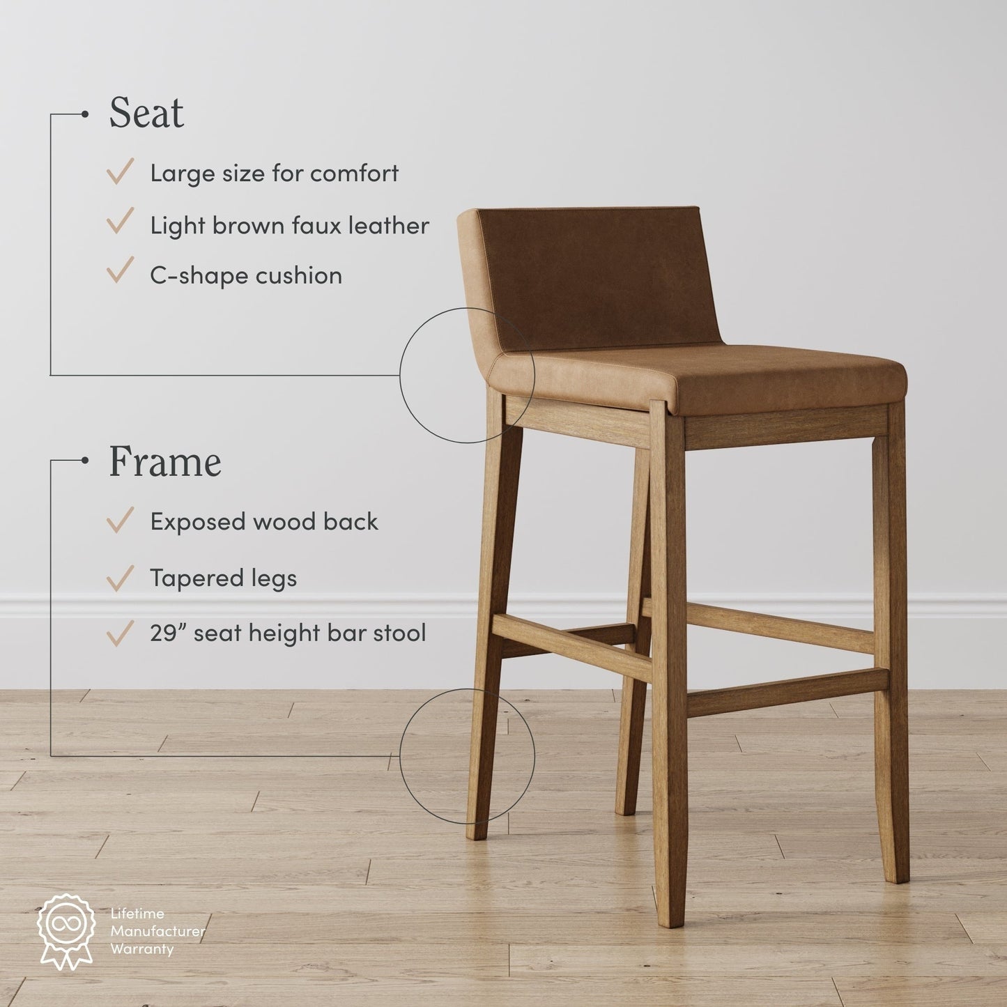 Tabouret de bar moderne Gracie, chaise rembourrée en bouclette et pieds en bois brossé