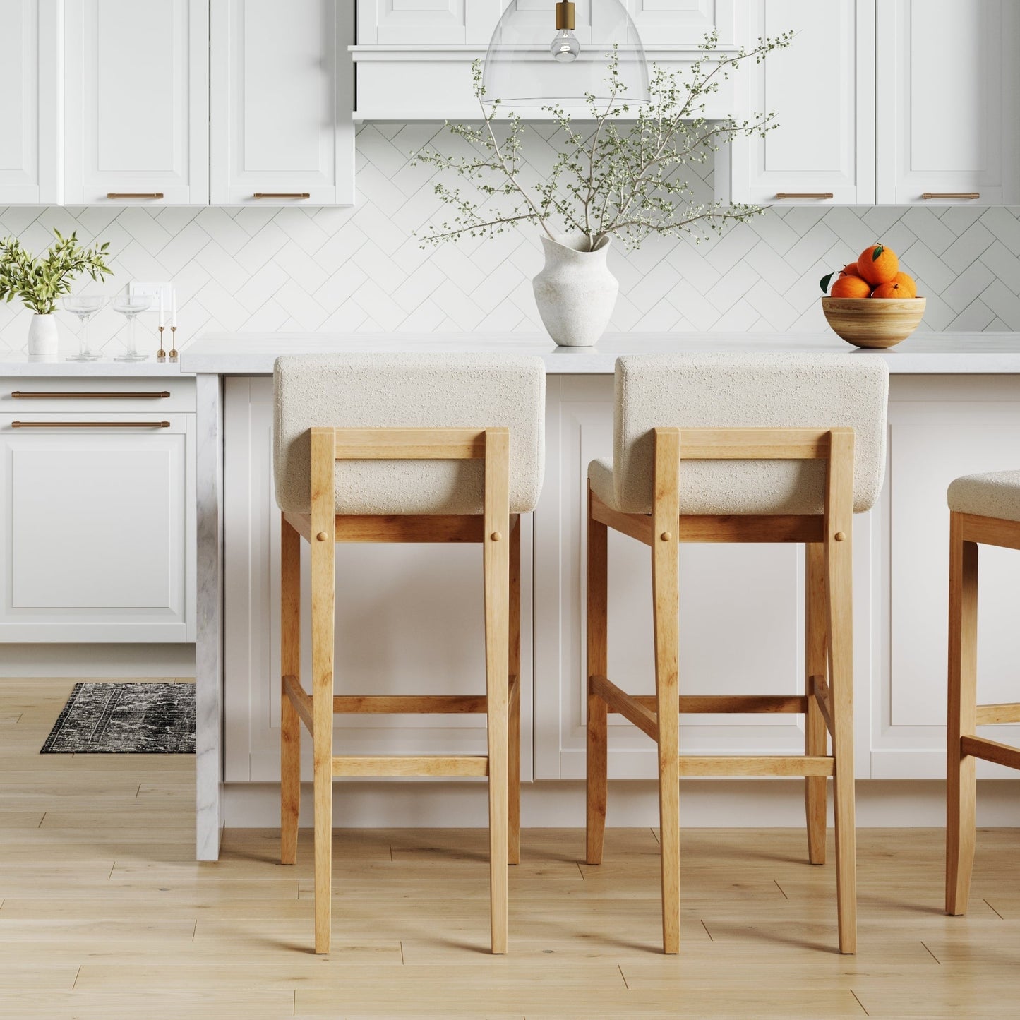 Tabouret de bar moderne Gracie, chaise rembourrée en bouclette et pieds en bois brossé