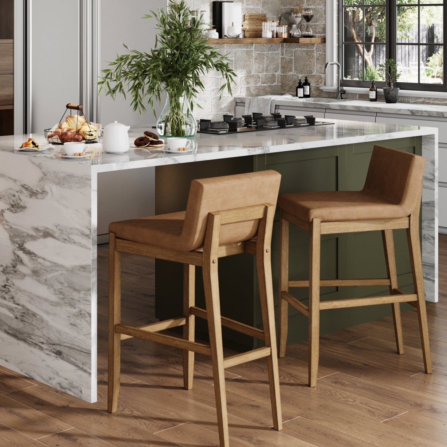 Tabouret de bar moderne Gracie, chaise rembourrée en bouclette et pieds en bois brossé