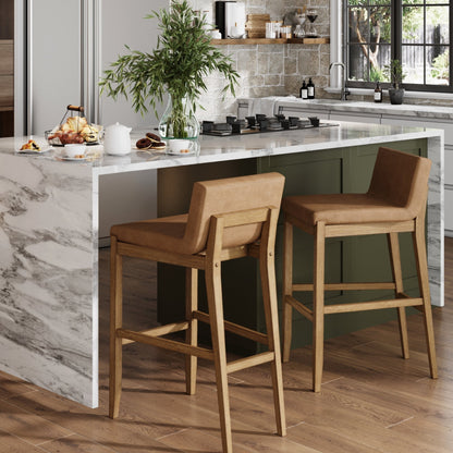 Tabouret de bar moderne Gracie, chaise rembourrée en bouclette et pieds en bois brossé
