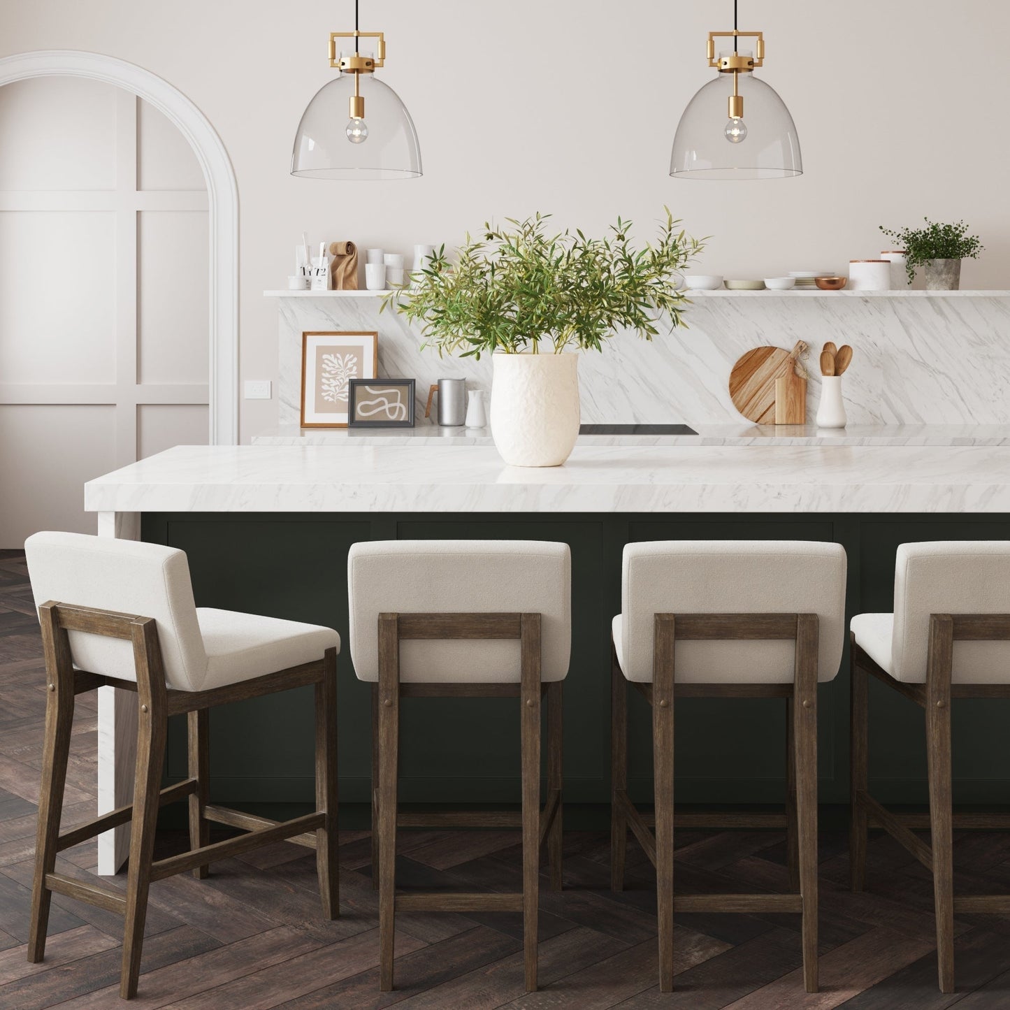 Tabouret de bar moderne Gracie, chaise rembourrée en bouclette et pieds en bois brossé