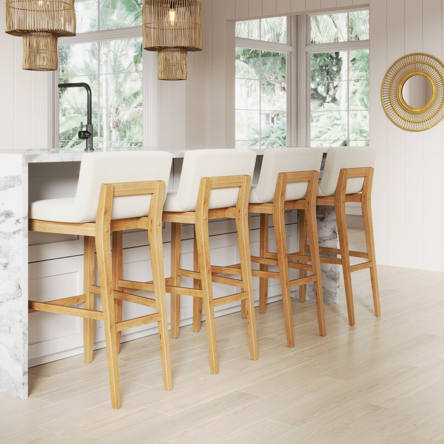 Tabouret de bar moderne Gracie, chaise rembourrée en bouclette et pieds en bois brossé
