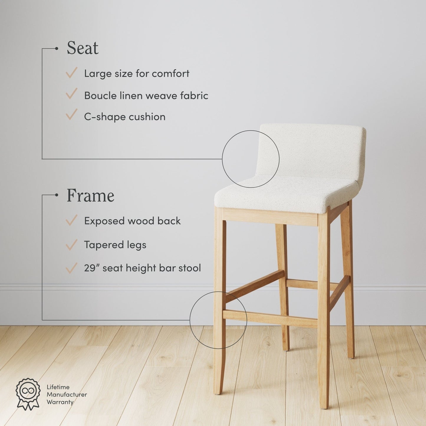Tabouret de bar moderne Gracie, chaise rembourrée en bouclette et pieds en bois brossé