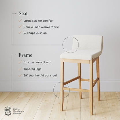Tabouret de bar moderne Gracie, chaise rembourrée en bouclette et pieds en bois brossé