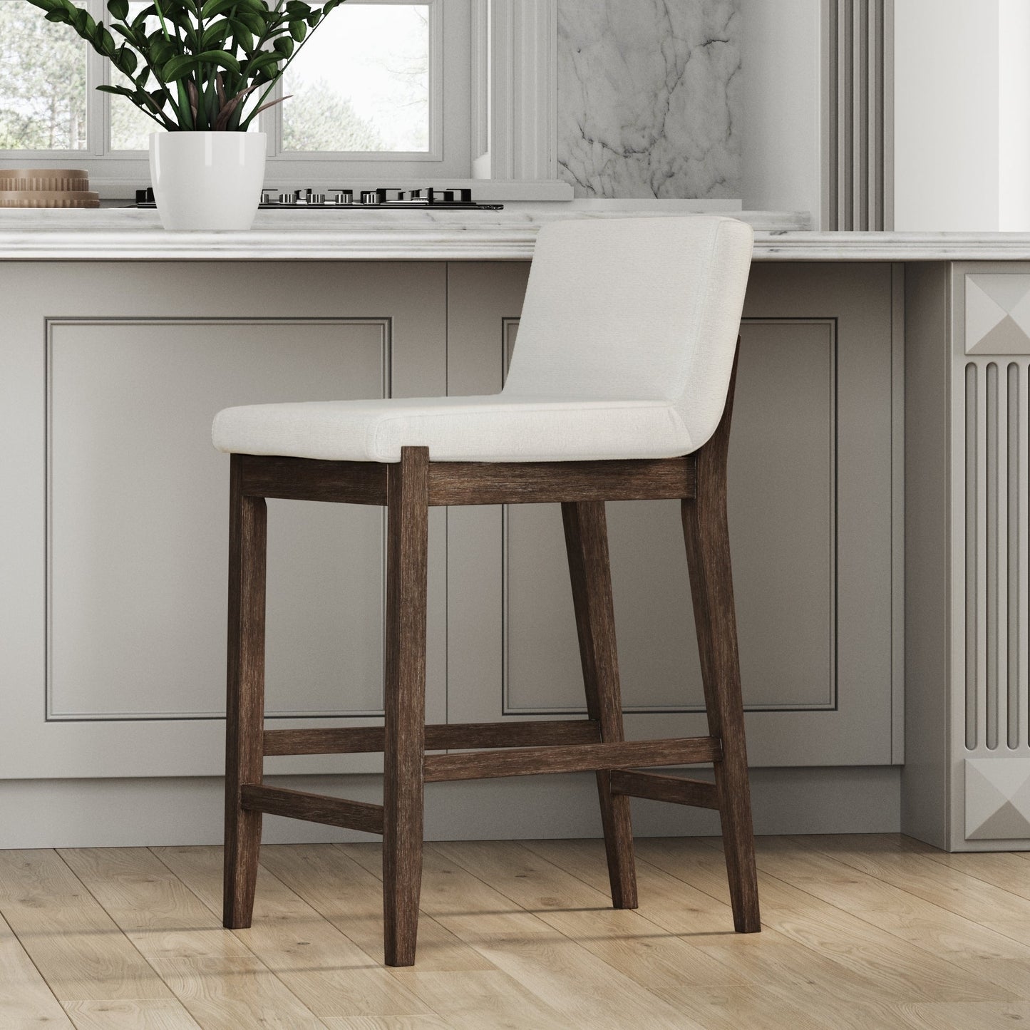 Tabouret de bar moderne Gracie, chaise rembourrée en bouclette et pieds en bois brossé