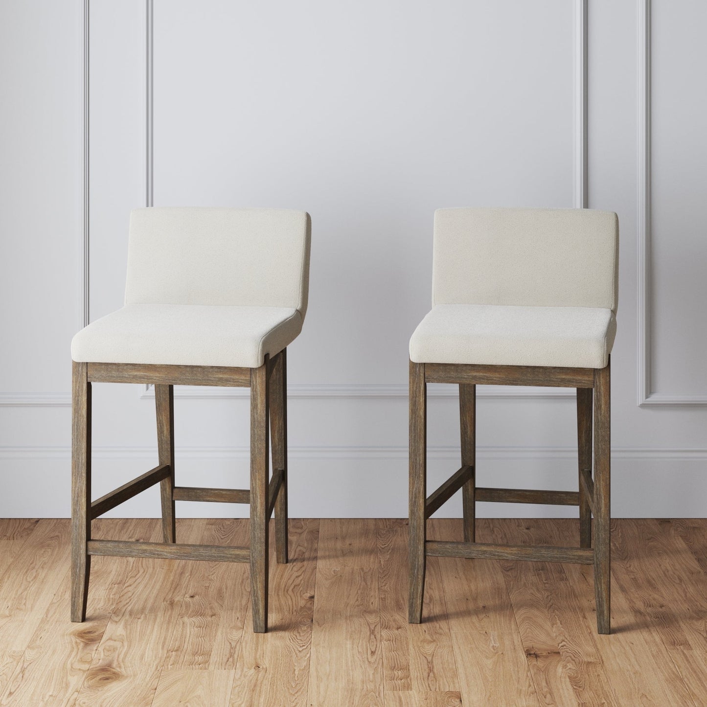 Tabouret de bar moderne Gracie, chaise rembourrée en bouclette et pieds en bois brossé