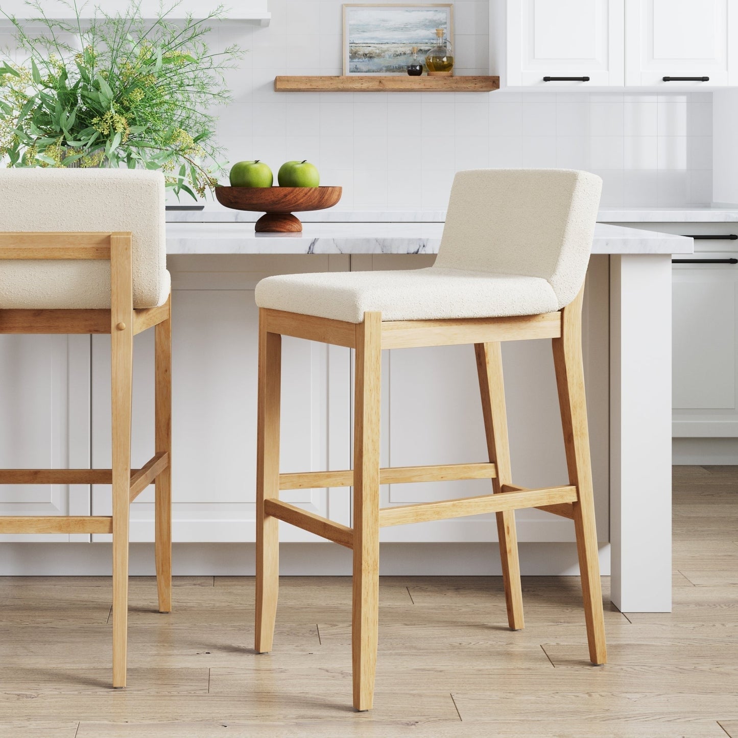 Tabouret de bar moderne Gracie, chaise rembourrée en bouclette et pieds en bois brossé