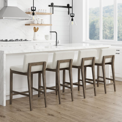 Tabouret de bar moderne Gracie, chaise rembourrée en bouclette et pieds en bois brossé