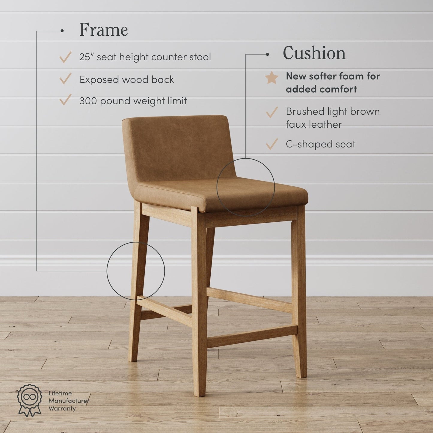 Tabouret de bar moderne Gracie, chaise rembourrée en bouclette et pieds en bois brossé