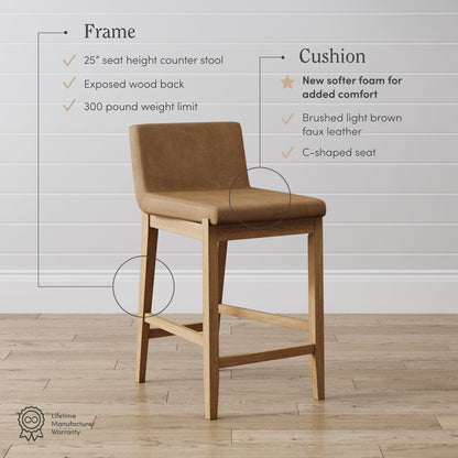 Tabouret de bar moderne Gracie, chaise rembourrée en bouclette et pieds en bois brossé