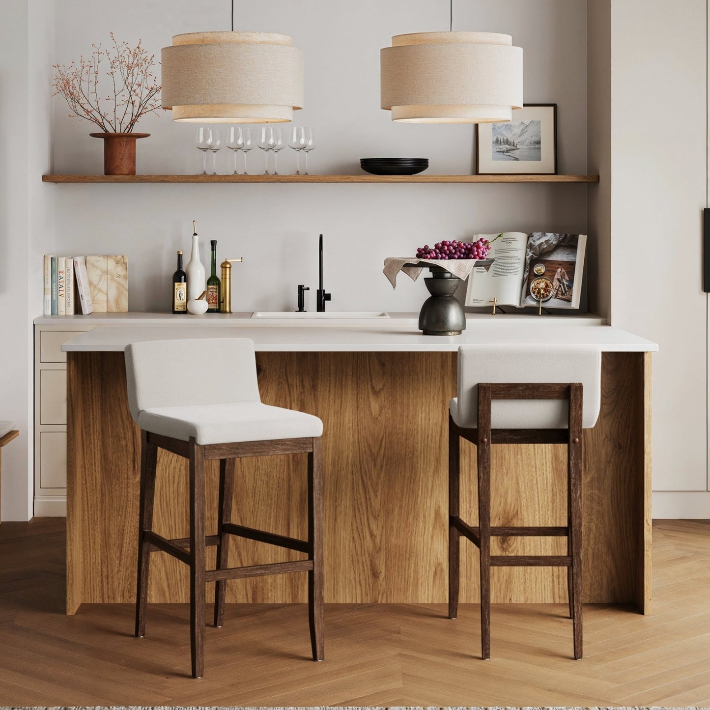 Tabouret de bar moderne Gracie, chaise rembourrée en bouclette et pieds en bois brossé