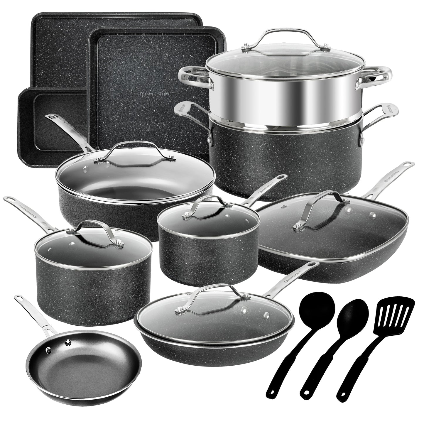 Ensemble de 20 pièces de casseroles, poêles, ustensiles de cuisine et de pâtisserie antiadhésifs Granitestone