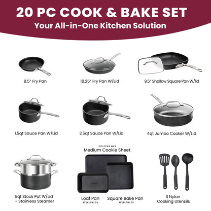 Ensemble de 20 pièces de casseroles, poêles, ustensiles de cuisine et de pâtisserie antiadhésifs Granitestone