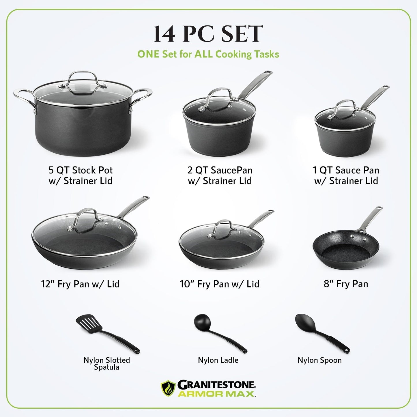 Ensemble de cuisine Granitestone Armor Max 14 pièces en acier anodisé dur
