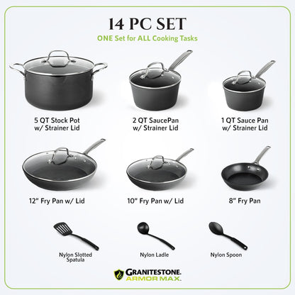 Ensemble de cuisine Granitestone Armor Max 14 pièces en acier anodisé dur