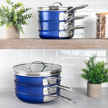 Ensemble de casseroles et poêles antiadhésives Granitestone Blue 15 pièces avec couvercles en verre