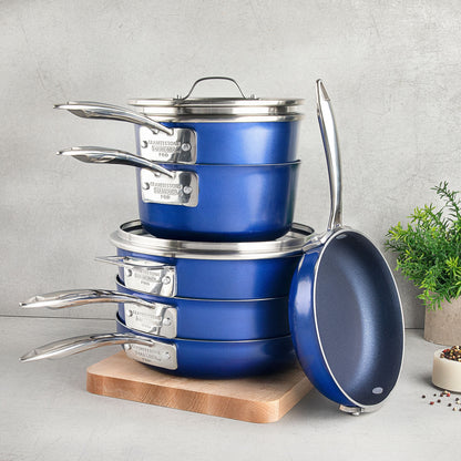 Ensemble de casseroles et poêles antiadhésives Granitestone Blue 15 pièces avec couvercles en verre