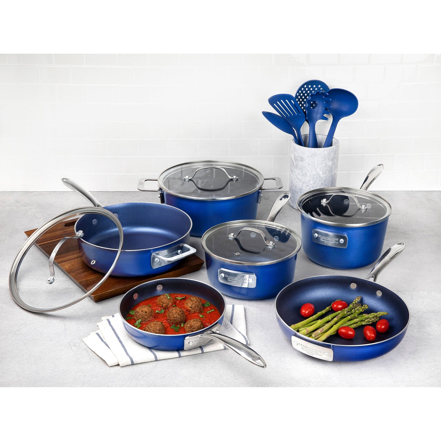 Ensemble de casseroles et poêles antiadhésives Granitestone Blue 15 pièces avec couvercles en verre