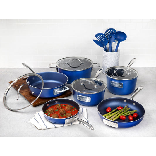 Ensemble de casseroles et poêles antiadhésives Granitestone Blue 15 pièces avec couvercles en verre