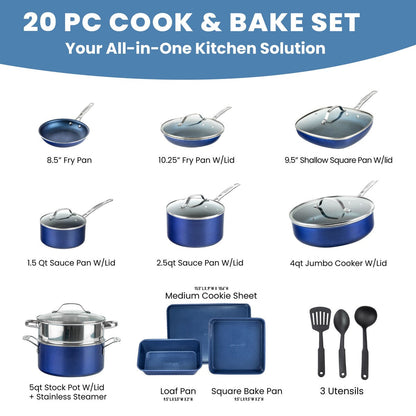 Ensemble de 20 pièces de batterie de cuisine antiadhésive Granitestone bleue