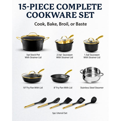 Ensemble de cuisine antiadhésif Granitestone Charleston en 15 pièces, forgé à la main