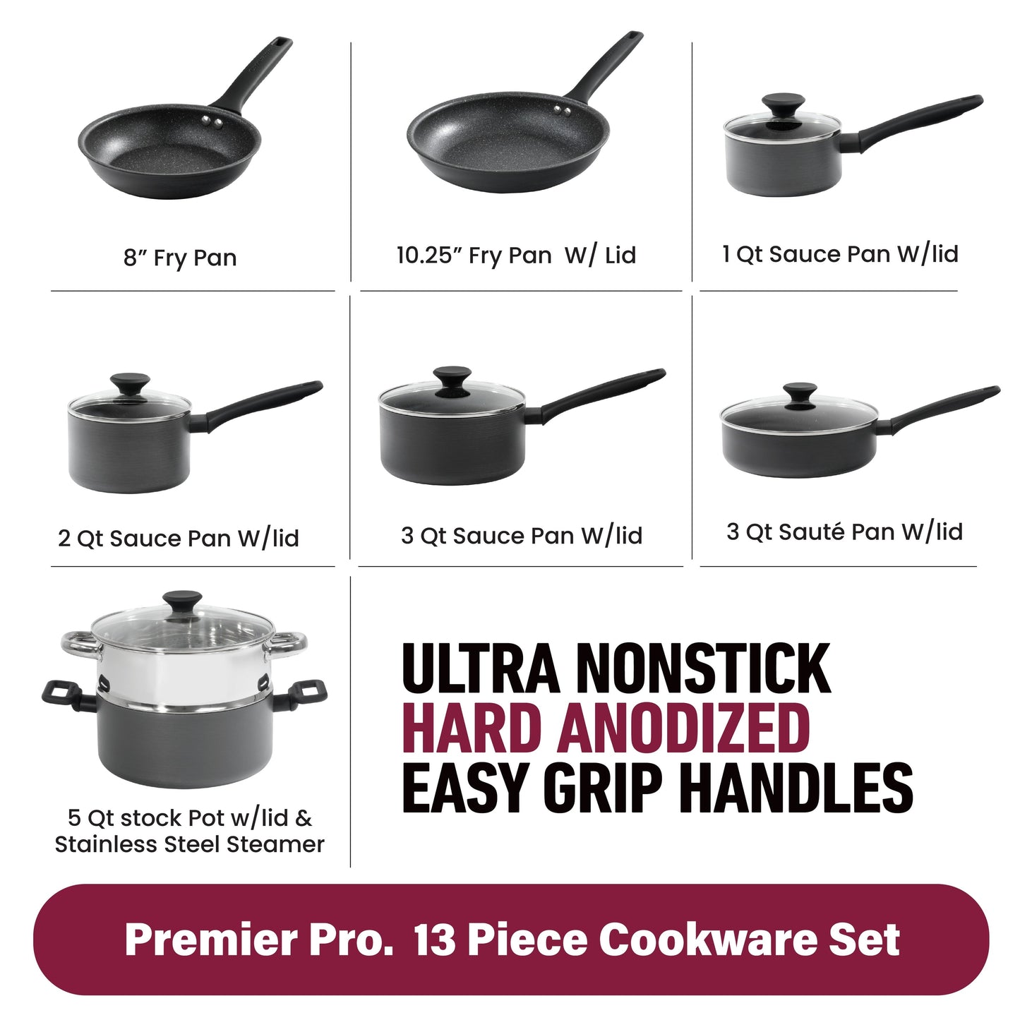 Ensemble de cuisine antiadhésif Granitestone Pro Premier en acier anodisé dur, 13 pièces