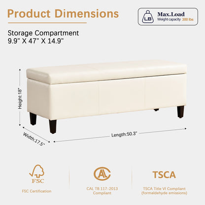 Ottoman rectangulaire de rangement recouvert de simili cuir - 50,3 x 17,50 x 18 pouces