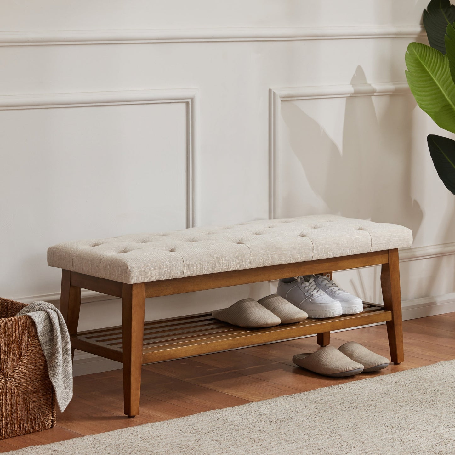 Banc à chaussures d'entrée, banc de rangement, tissu et bois massif, banc rembourré de 109 cm (43 pouces) pour salon, chambres à coucher