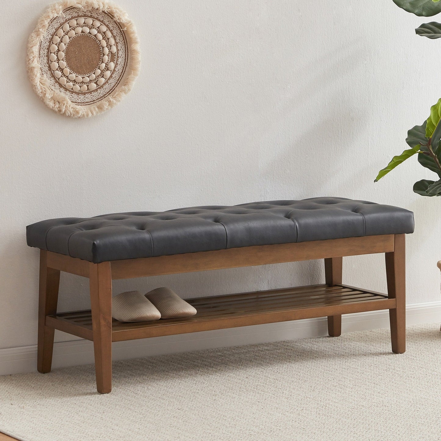 Banc à chaussures d'entrée, banc de rangement, tissu et bois massif, banc rembourré de 109 cm (43 pouces) pour salon, chambres à coucher