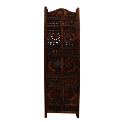 Paravent de séparation de pièce en bois pliable à 4 panneaux, avec motif soleil et lune sculpté à la main, marron.